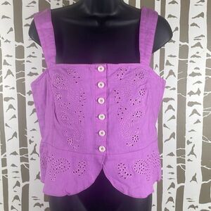 NEW Free People Linen Eyelet Button Front Cropped Tank Top L Electric Bloom